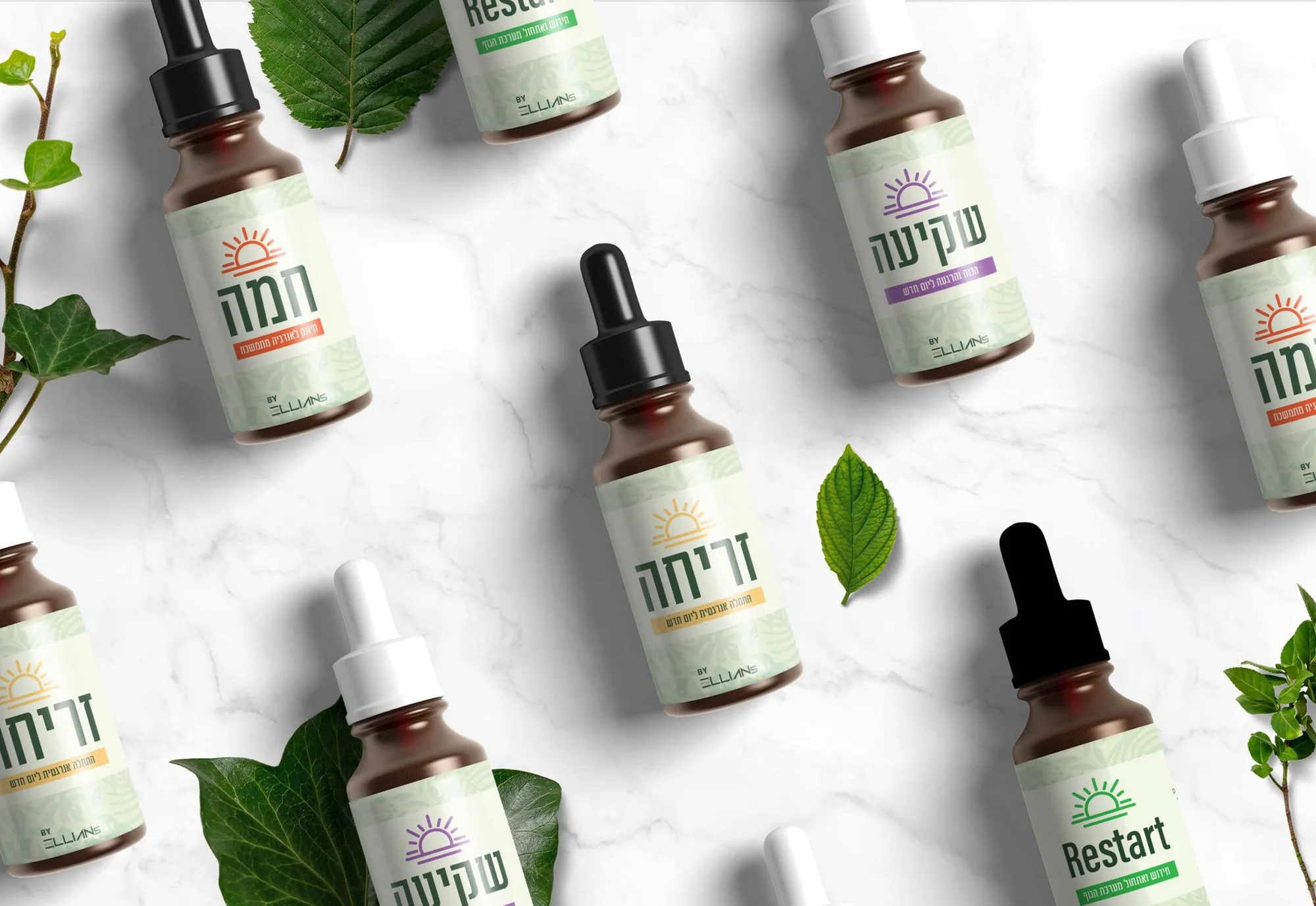 Ellin's Nature dropper bottles on marble