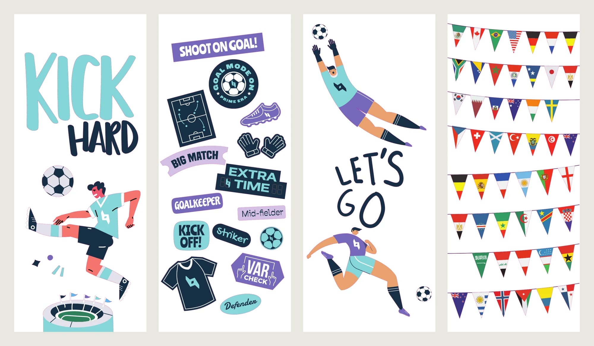 Window panels: Kick Hard, sticker sheet, Let's Go and flags