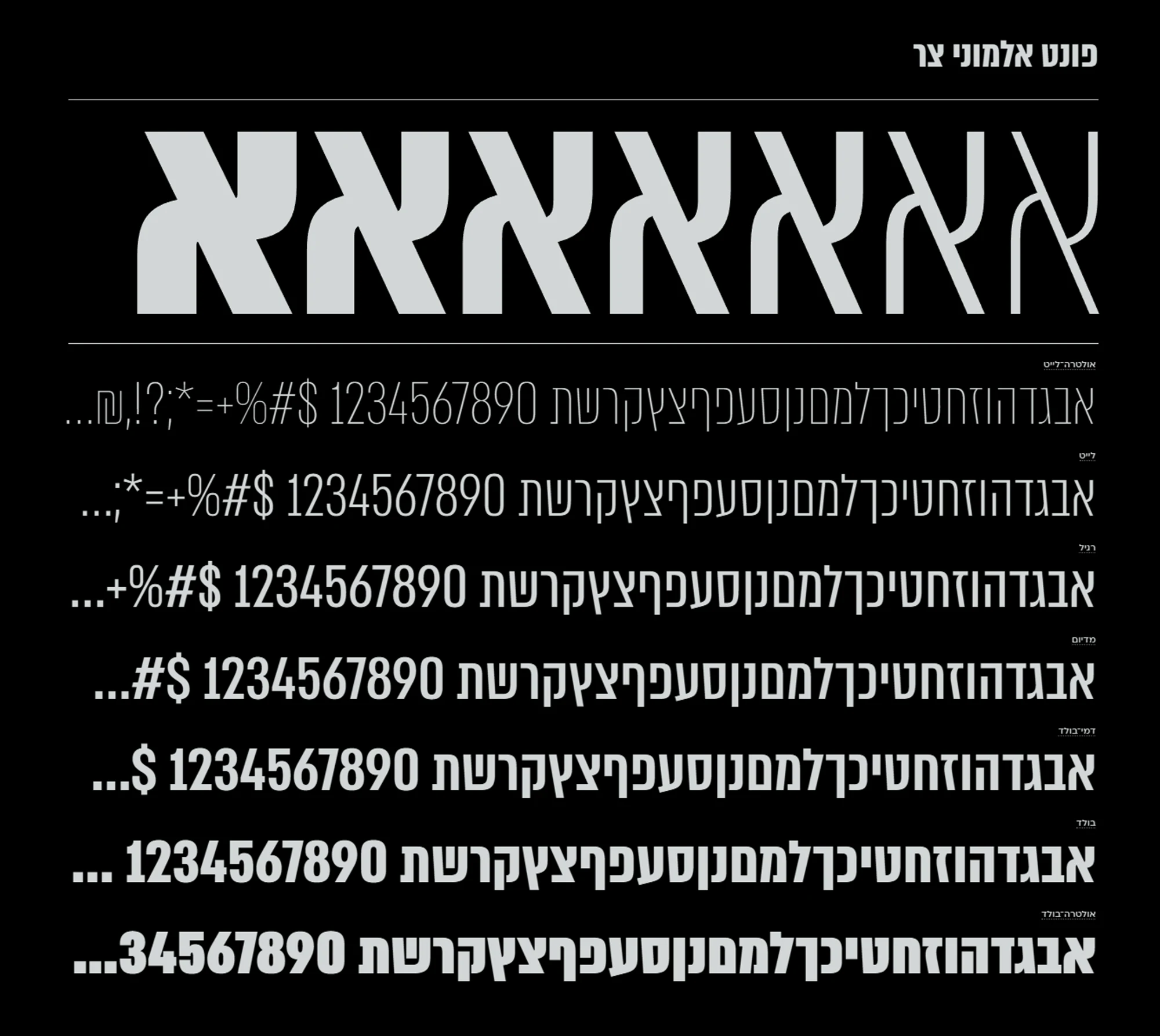 דוגמת הפונט אלמוני צר בשבעה משקלים